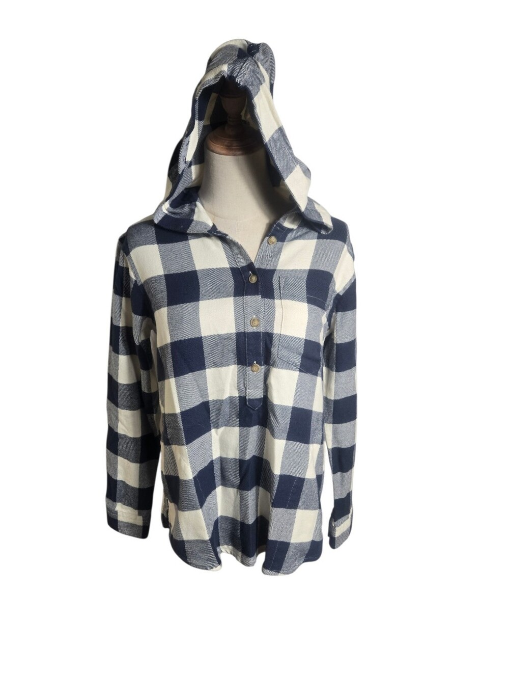 L.L. Bean Hooded Plaid Button-Up Top - Navy & White Relaxed Fit
